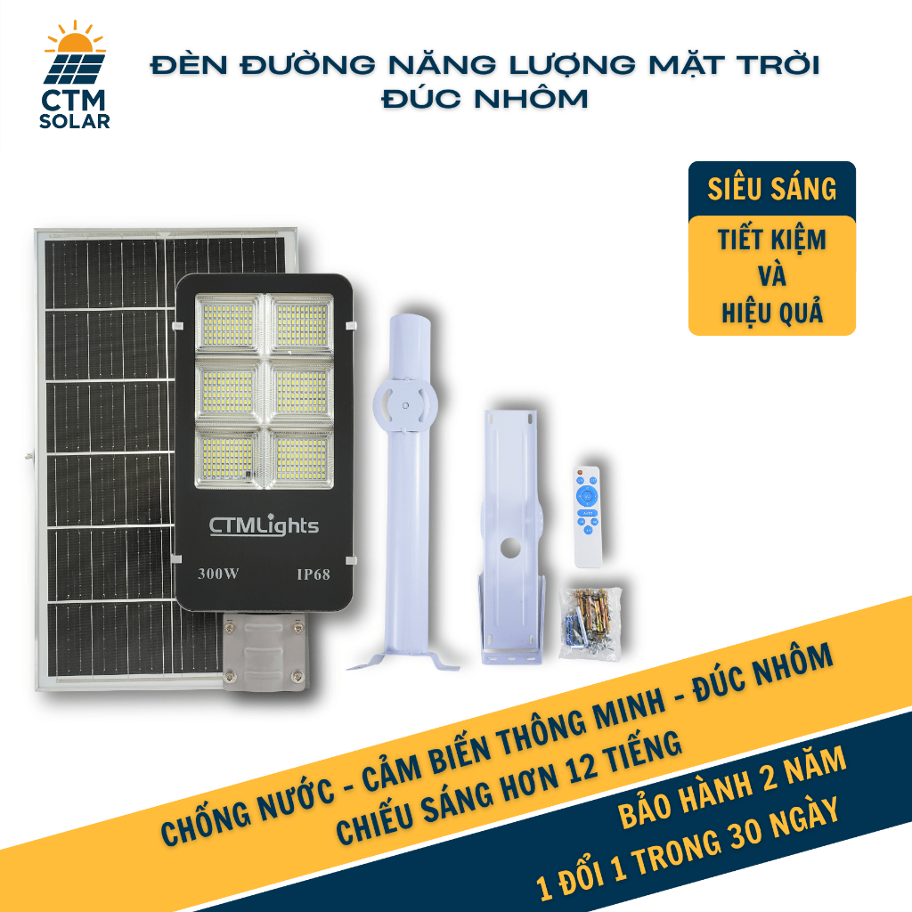 Đèn Đường Năng Lượng Mặt Trời Vỏ Nhôm 300W chiếu sáng sân vườn, chống thấm IP68