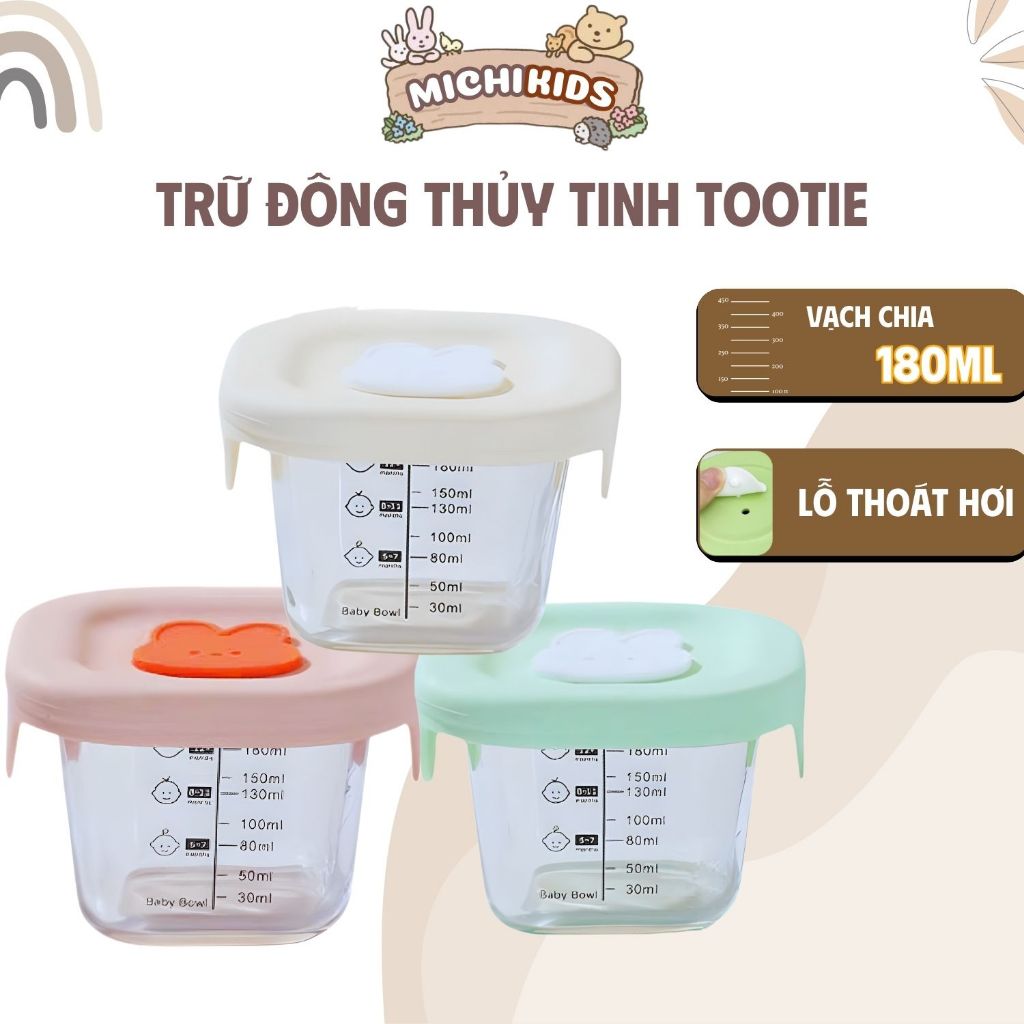 Hộp trữ đông thủy tinh đồ ăn dặm cho bé có vạch chia, Hũ trữ đông thủy tinh đồ ăn dặm 180ml nắp sili