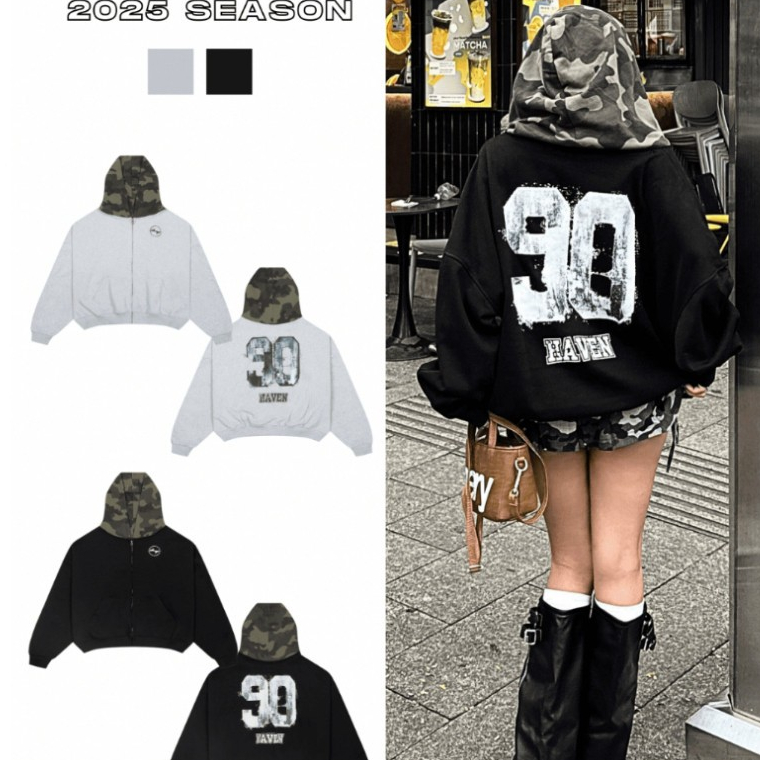 Áo Khoác HAVEN Hoodie Nỉ Nam Nữ Form Rộng Unisex Có Nón Camo Rằn Ri In Số 90 HAVEN HOT 2026
