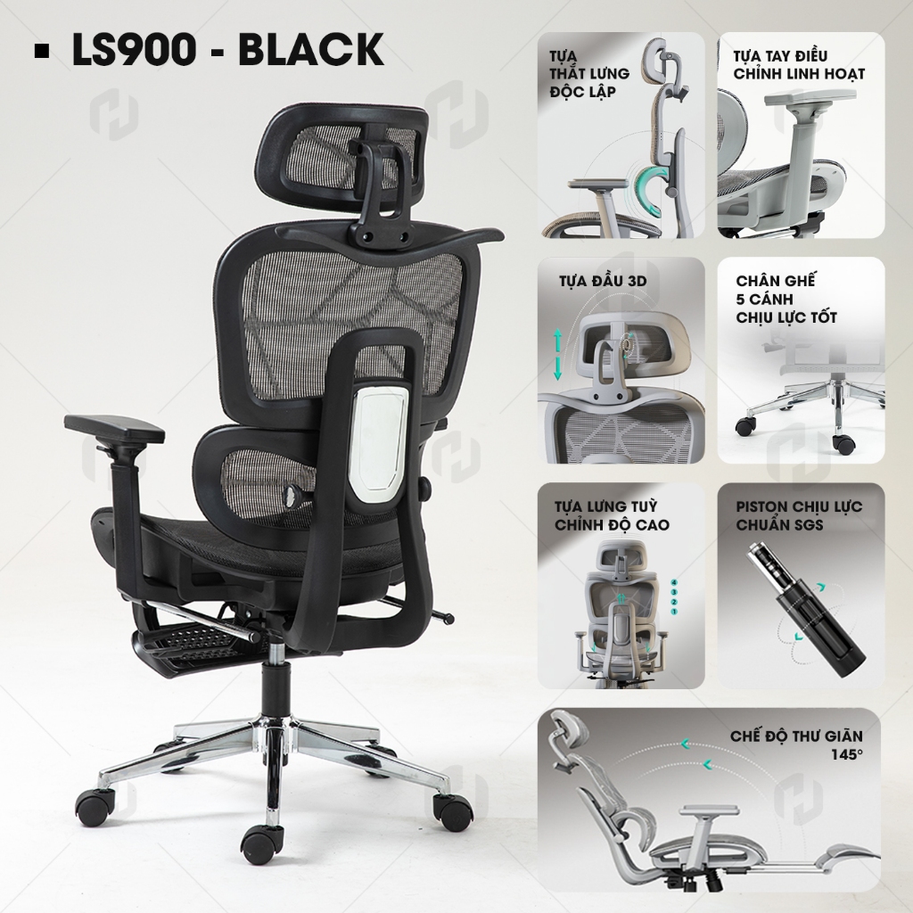 Ghế công thái học Ergonomic LS900, Full lưới thoáng khí, Điều chỉnh thắt lưng bảo vệ cột sống