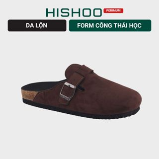 Dép đế trấu sục Boston nam nữ unisex quai ngang Nâu Walnut da lộn đi học công sở bigsize chính hãng Hishoo VNXK R109