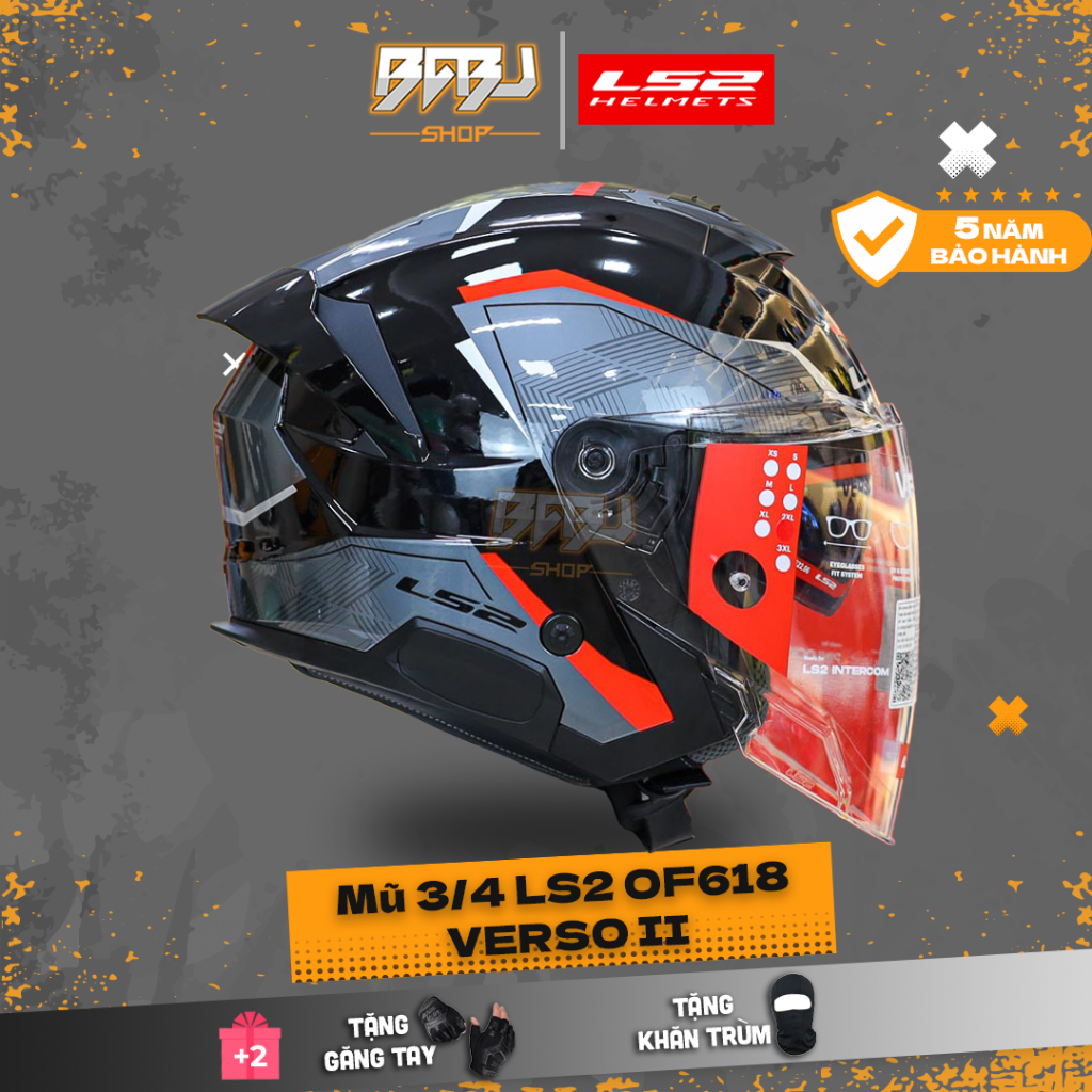 Mũ 3/4 LS2 OF618 Verso II Xám Đỏ Bóng | Mũ 2 Kính – Nhẹ – Thoáng – Chính Hãng Giá Tốt