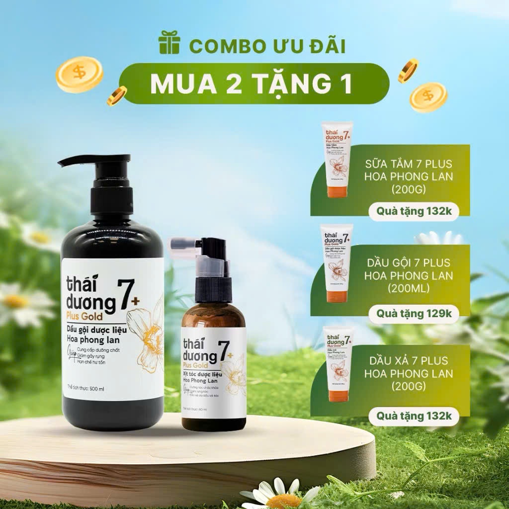 [Live ]Combo Dầu gội Dược liệu Thái Dương 7 Plus Gold 500ml+ Xịt tóc 7 Plus Gold 60ml tặng xả 7 plus