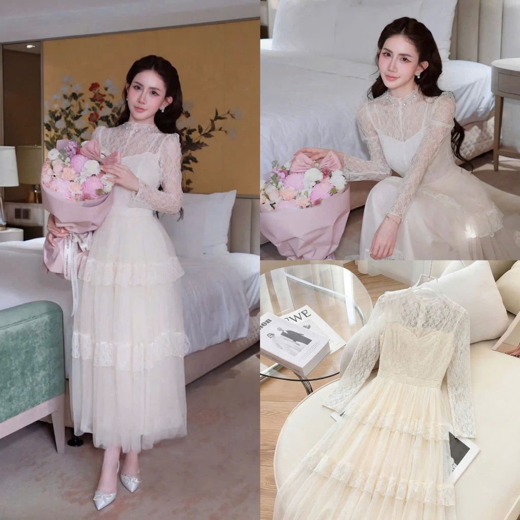 Váy đầm ren trắng 2 dây xuyên thấu sexy váy maxi ren trắng tiểu thư sang chảnh dự tiệc cưới dài tay 