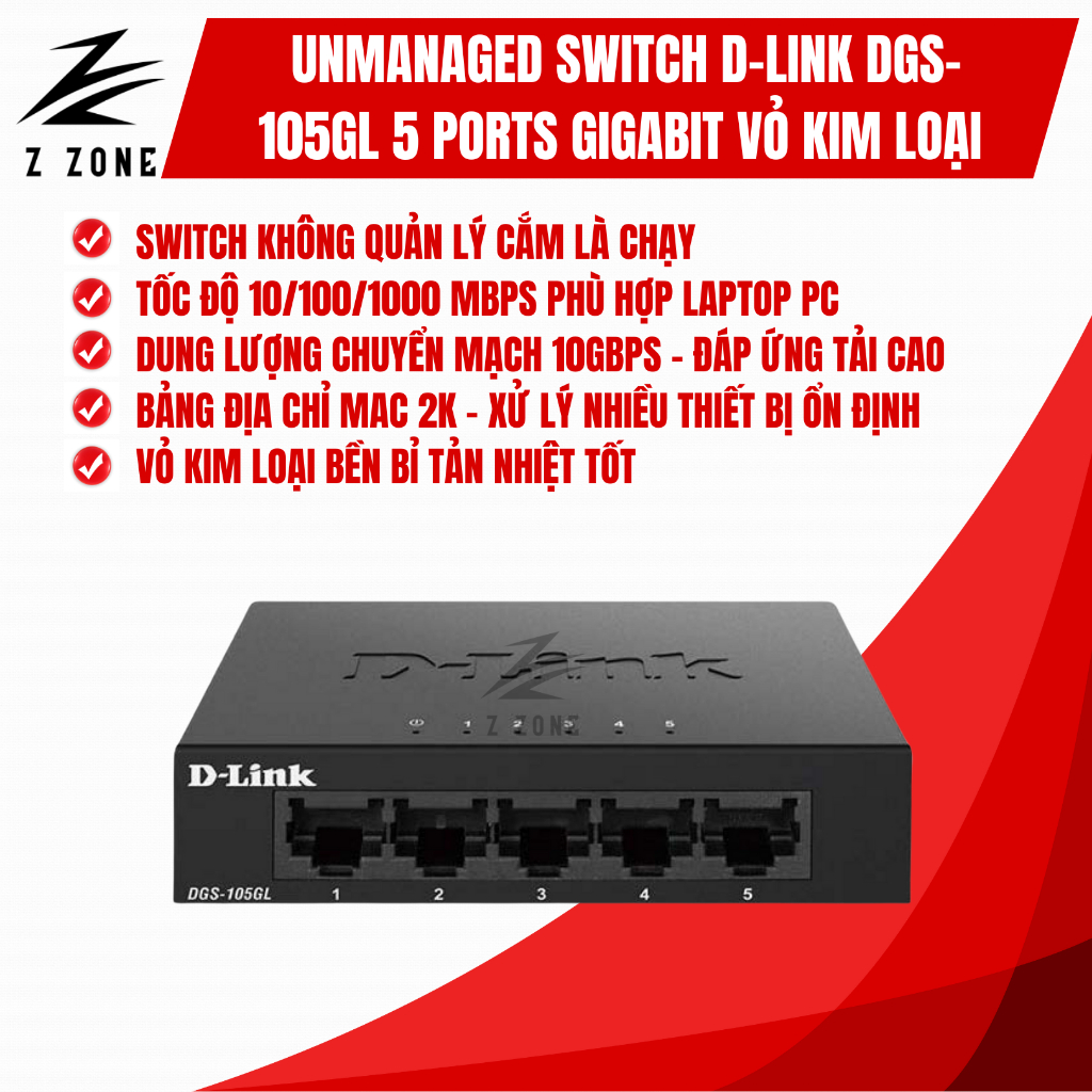 Bộ Chia Mạng Switch Unmanaged Gigabit D-Link DGS-105GL 5 Cổng 1000M, Vỏ Kim Loại