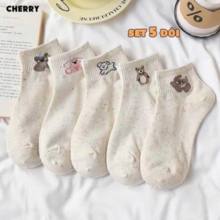Tất nữ cổ ngắn set 5 đôi màu muối tiêu họa tiết đáng yêu chất cotton mềm mại - Cherry shop tất vớ