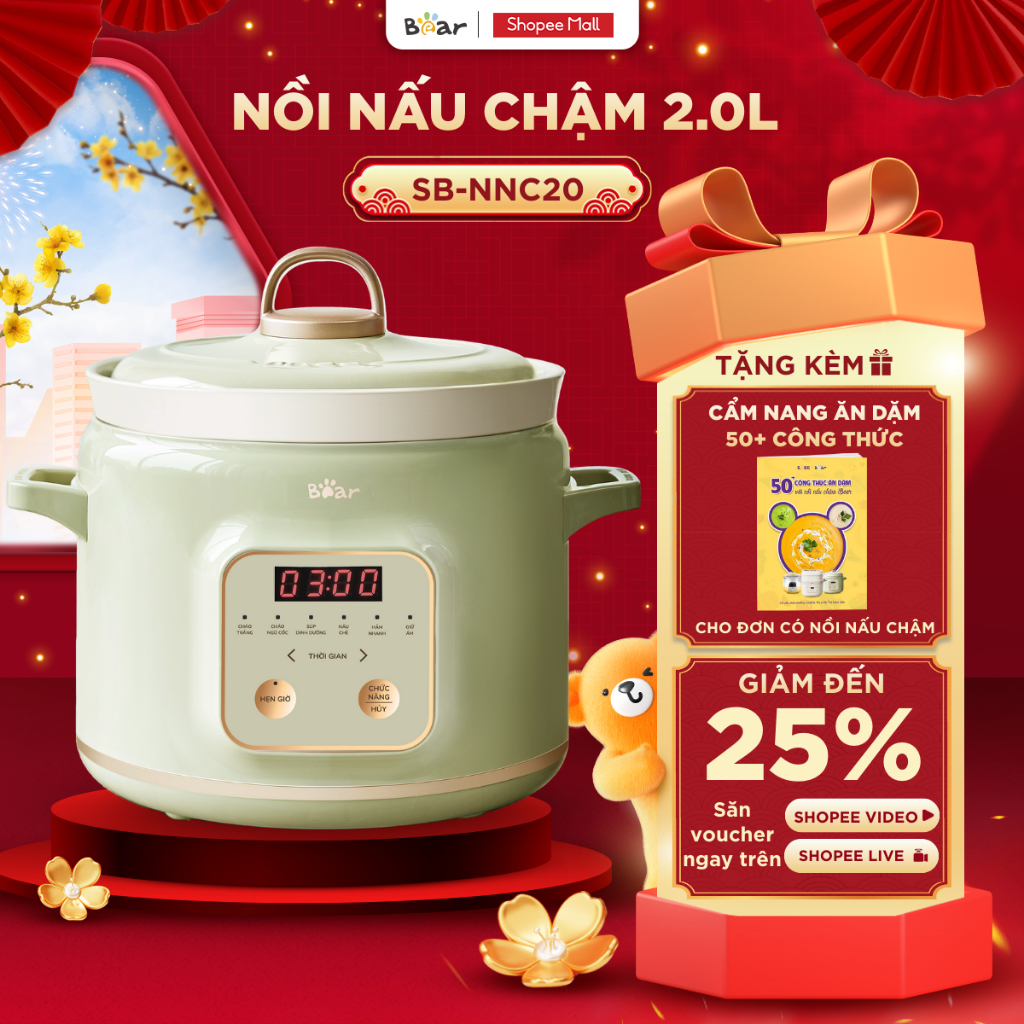  Nồi Nấu Cháo Chậm BEAR 2L Nồi Nấu Chậm Cho Bé Nồi Nấu Cháo Nồi Áp Suất Hầm Hấp Giữ Trọn Chất Dinh Dưỡng SB-NNC20 