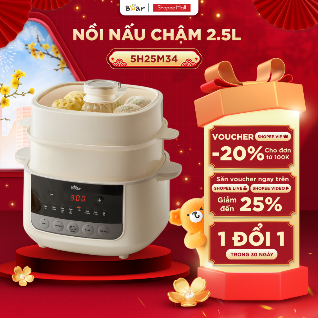 Nồi Nấu Cháo Chậm BEAR 2.5L Có Xửng Hấp 8 Chế Độ Nấu Hầm Hấp Nấu Chậm Cho Bé Giữ Trọn Dinh Dưỡng SC-