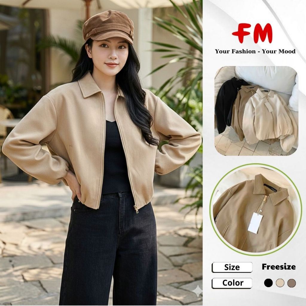 Áo Khoác Kaki Nữ FMSTYLE SHOP -  Dây Kéo Khóa Hai Túi  Form Oversize Phong Cách Trẻ Trung 25102670