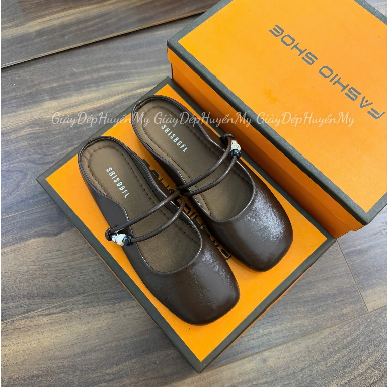 [ Giày Dép Huyền My ] Giày sục bệt nữ quai ngang đính ngọc da lì mềm chất xịn hàng cao cấp full hộp - LT60