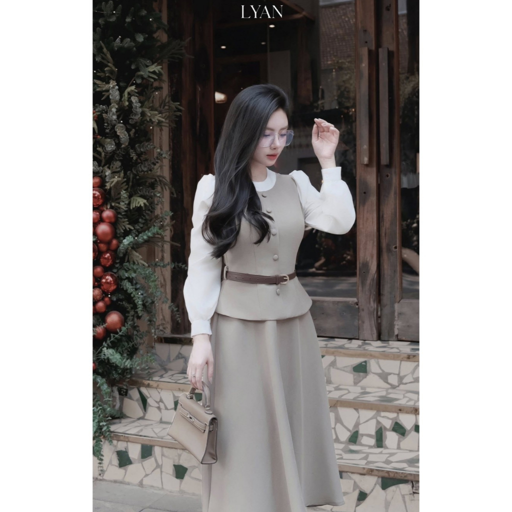 LYAN Váy nữ liền dáng dài phối belt phong cách công sở