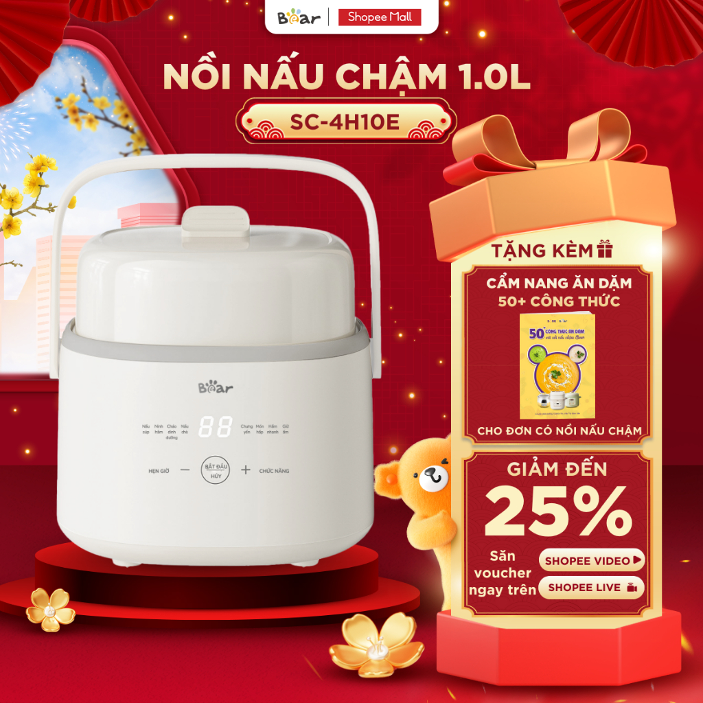 Nồi Nấu Cháo Chậm Bear 1.0L Có Xửng Hấp Nồi Nấu Chậm Cho Bé Ăn Dặm Nồi Chưng Yến SC-4H10E