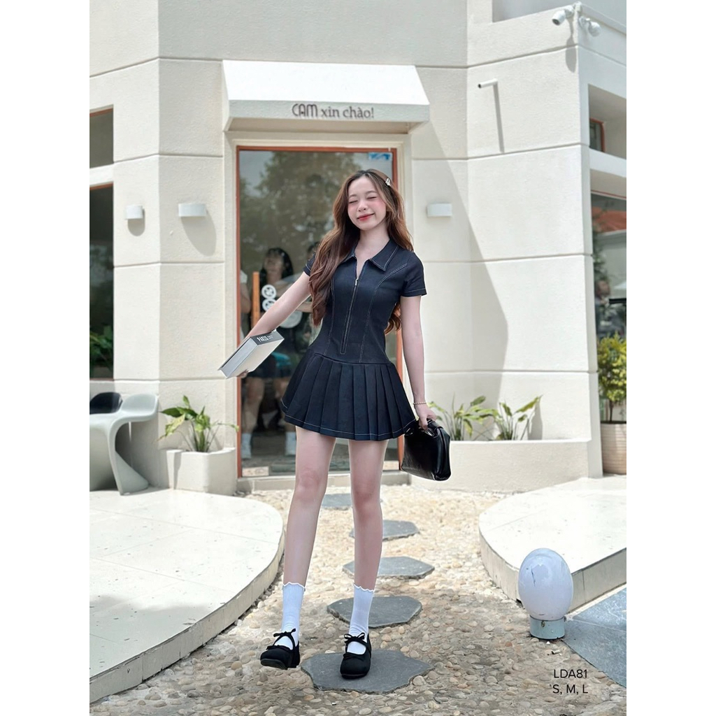 Đầm jean cổ polo Chibest