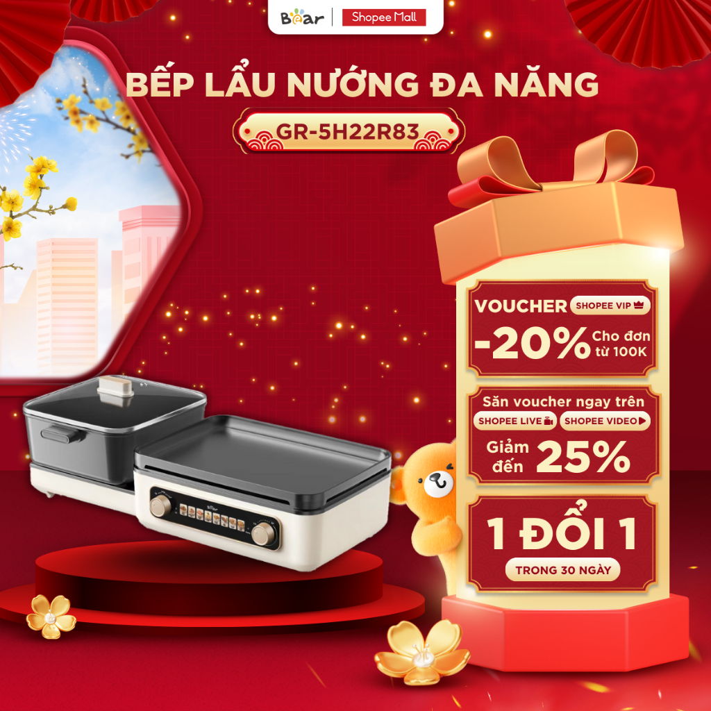 Nồi Lẩu Nướng Đa Năng BEAR Đa Chức Năng Nấu Lẩu Chiên Nướng Hầm Ninh Xào, Lòng Nồi Chống Dính Cao Cấ
