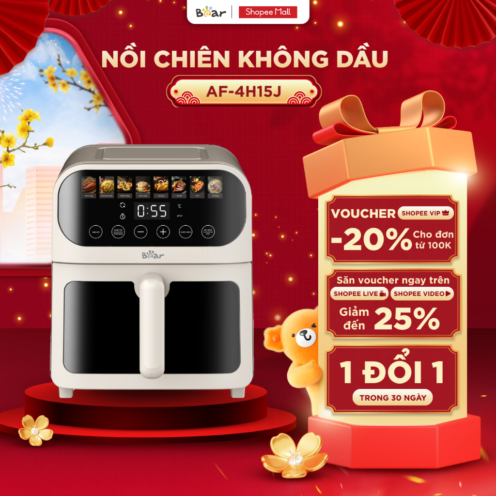 Nồi Chiên Không Dầu Bear 6L  Nồi Chiên Cảm Ứng Đa Năng Nướng Bánh Chiên Nướng Hơi Nước Giảm Tối Đa D