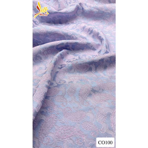 Lụa may áo dài-Nhaxasilk– hoa văn phương vũ màu xanh ánh tím – Co100