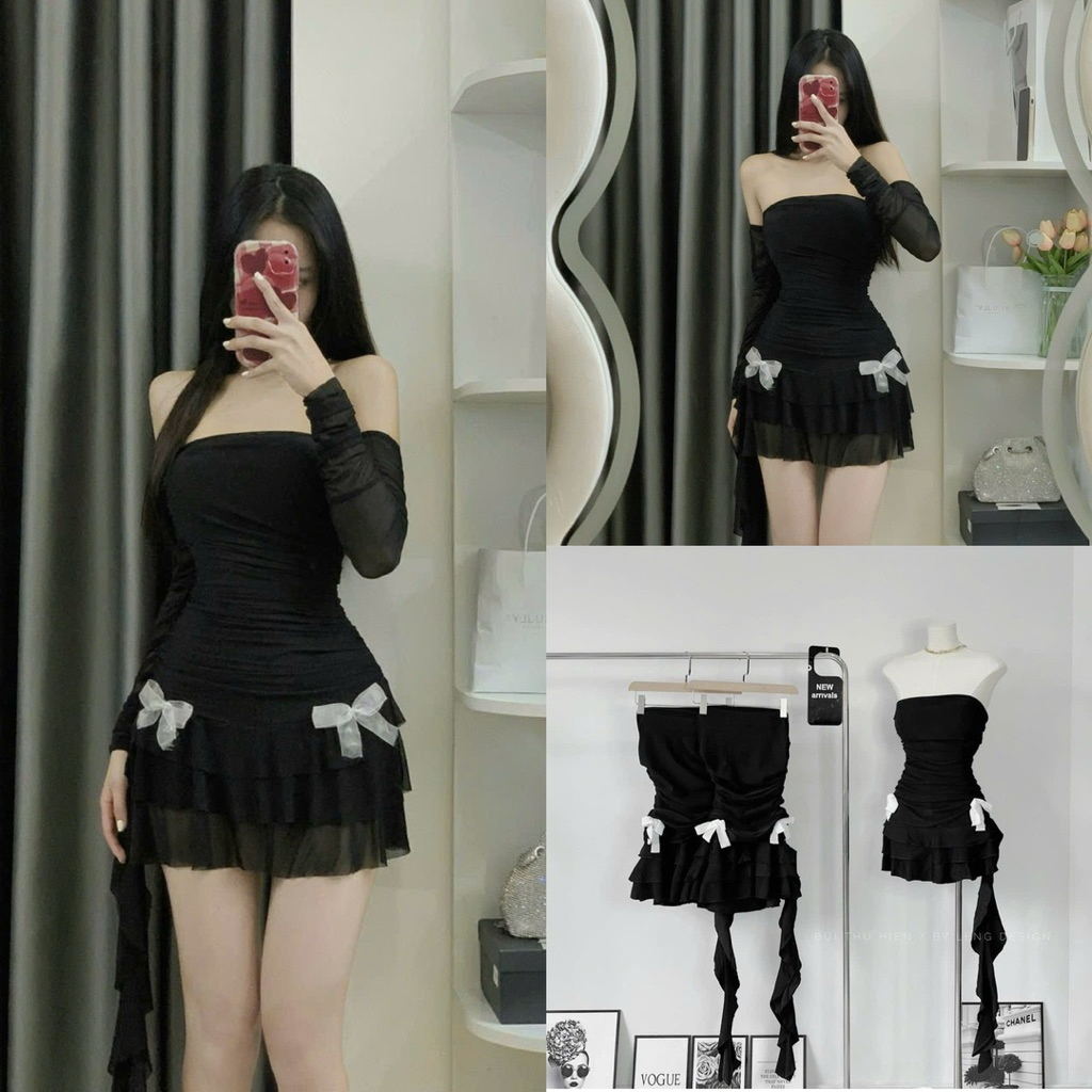 | Hta.boutique | Váy cúp ngực tua rua đính hoa kèm tay rời dáng ôm body ngắn nhún hông quyến rũ