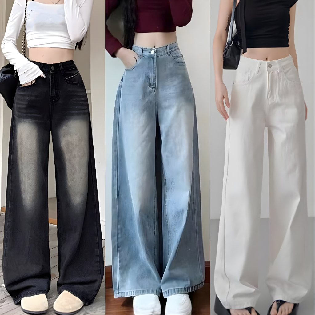 Các mẫu quần jeans bigsize nữ ống rộng cạp cao chất mềm không co giãn phong cách basic - CÁC MẪU QUẦ