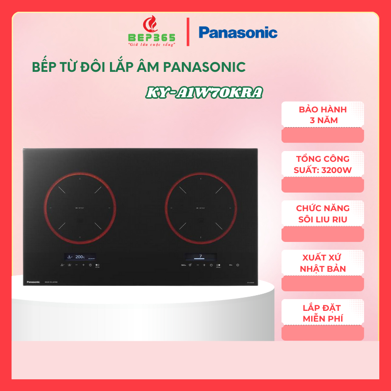 Panasonic KY-A1W70KRA – Bếp từ đôi âm tủ 3200W, mặt kính Ceramic chịu lực, 2 vùng nấu cảm ứng trượt