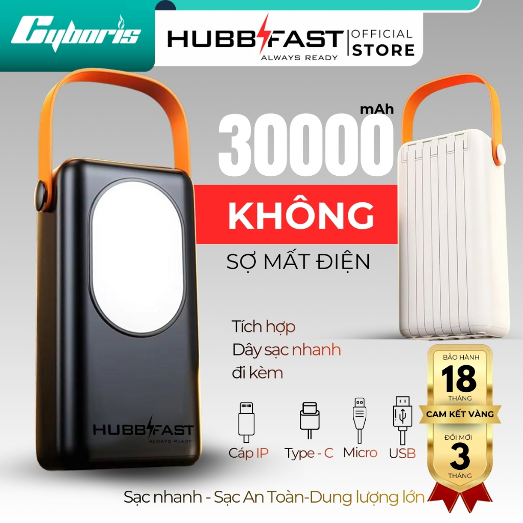 BỘ SẠC HubbFast PD35. Dung lượng 30000, sạc nhanh 22,5W, 6 cổng, màn hình LED. Đèn siêu sáng 72 giờ
