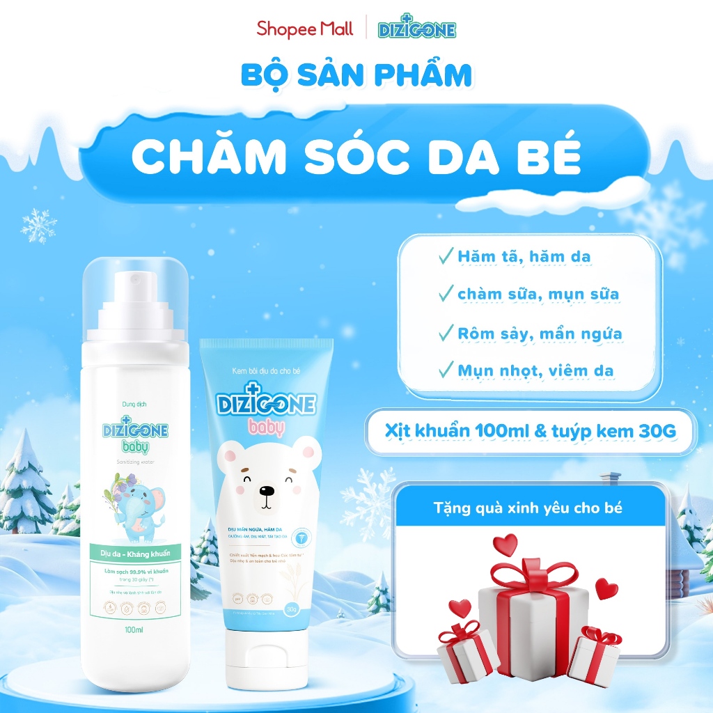 [COMBO] Xịt kháng khuẩn DIZIGONE Baby 100ml & Kem DIZIGONE Baby 30g: Đẩy lùi hăm tã, chàm sữa, chăm 