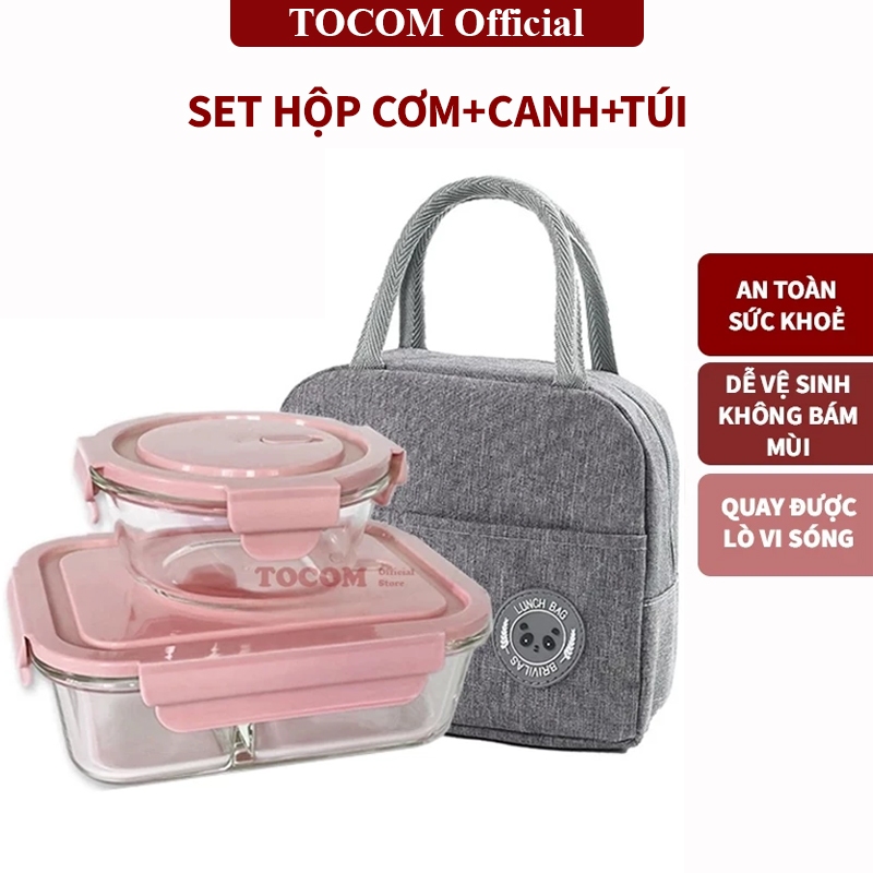 COMBO Hộp Cơm Văn Phòng TOCOM Thủy Tinh 2-3 ngăn 1000ml + Hộp Canh + Túi Giữ Nhiệt Dùng Được Trong Lò Vi Sóng