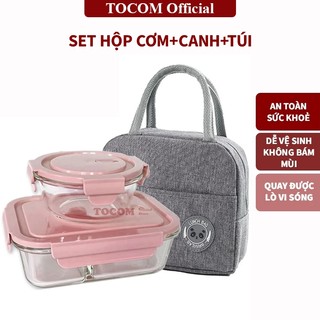  COMBO Hộp Cơm Văn Phòng TOCOM Thủy Tinh 2-3 ngăn 1000ml + Hộp Canh + Túi Giữ Nhiệt Dùng Được Trong Lò Vi Sóng 