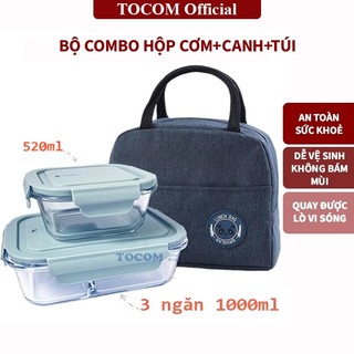  Bộ Hộp Cơm Văn Phòng Thủy Tinh 3 Ngăn Hộp Canh + Túi Giữ Nhiệt Chống Tràn Dùng Được Trong Lò Vi Sóng 