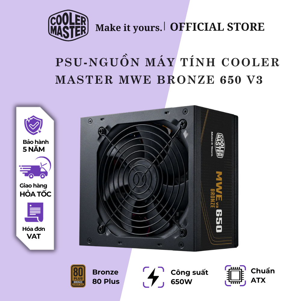 Nguồn Máy Tính Cooler Master MWE Bronze 650W V3 230V, ATX 3.1, Chuẩn 80 Plus Bronze | Bảo Hành 5 Năm