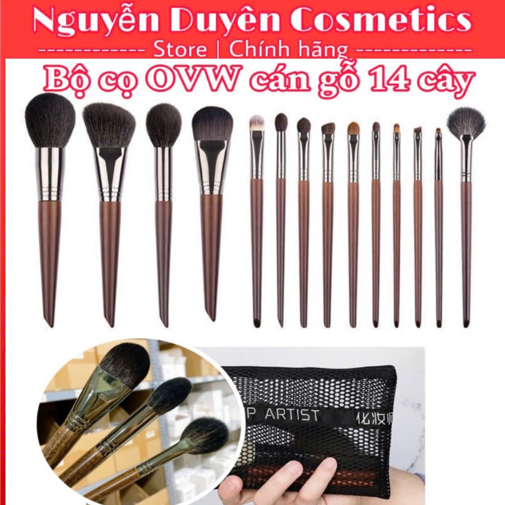 {Bộ cọ OVW 14 cây} Bộ cọ cán gỗ túi lưới OVW 14 cây lông mềm mịn sử dụng trong trang điểm makeup