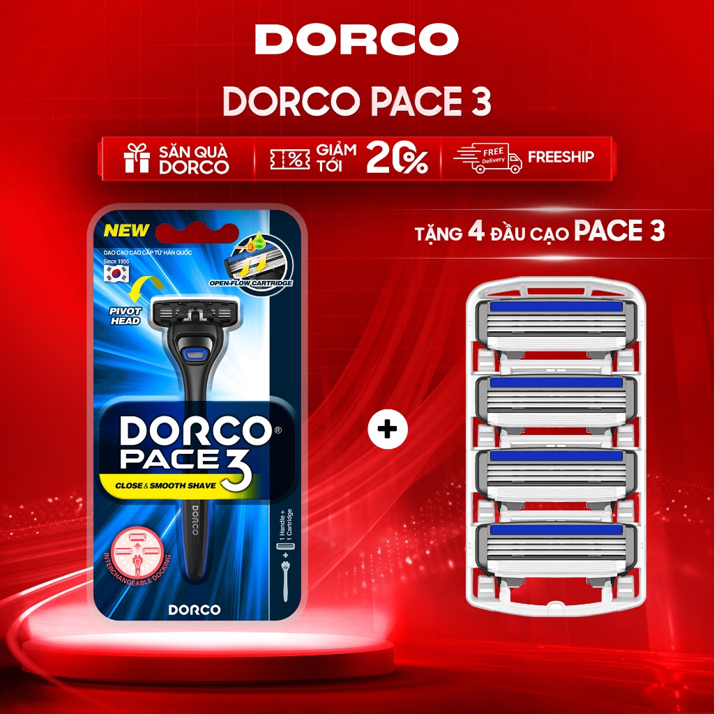 Dao Cạo Râu Hàn Quốc 3 Lưỡi DORCO PACE 3 Tặng Thêm 4 Đầu Cạo DORCO PACE 3/PACE 4