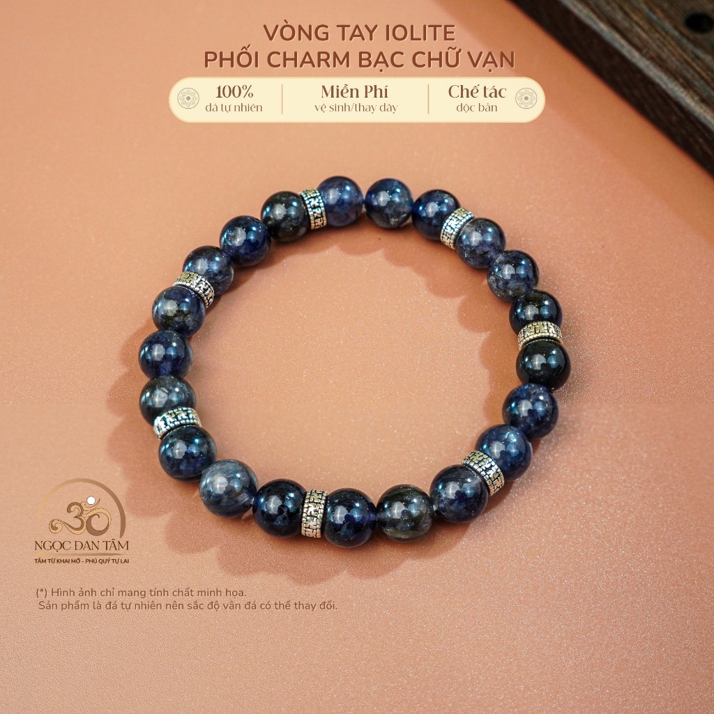 Ngọc Đan Tâm - Vòng Tay Iolite 8mm 2A Phối Charm Bạc Chữ Vạn - Mệnh Thủy & Mệnh Mộc