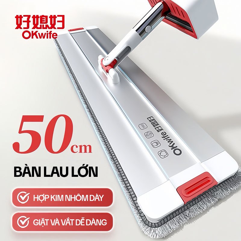 Cây Lau Nhà Tự Vắt OKwife HD-7040A, Chổi Lau Nhà Tự Vắt Thông Minh Xoay 360 Độ, 2 Bông Lau
