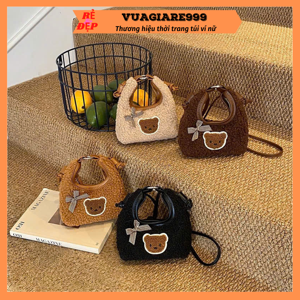 Túi đeo chéo mini lông cừu cầm tay phối nơ mặt gấu siêu xinh dễ thương đi chơi thời trang hàn quốc cho mẹ và bé DC157