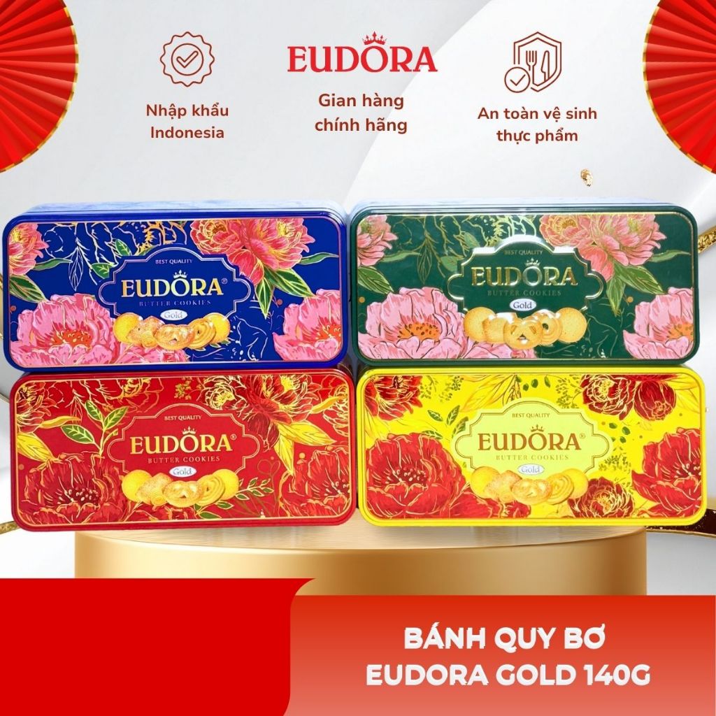Bánh Quy Bơ Eudora Gold Hộp Thiếc Hình Chữ Nhật 140g Nhập Khẩu Indonesia