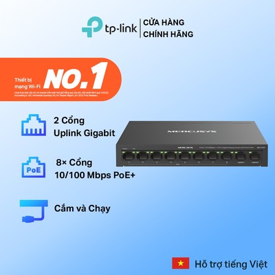 Bộ Chia Tín Hiệu Switch Để Bàn MERCUSYS MS110CP 8 Cổng 10/100Mbps, 2 Cổng Gigabit, 8 Cổng PoE Kết Nối Ổn Định