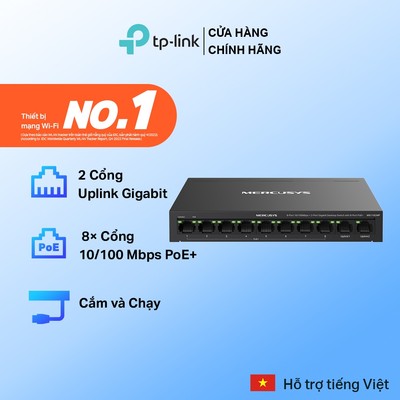 Bộ Chia Tín Hiệu Mạng Switch Mercusys MS110CMP | 8 Cổng 10/100 Mbps, 2 Cổng Gigabit, 8 Cổng PoE+, Truyền Xa 250m