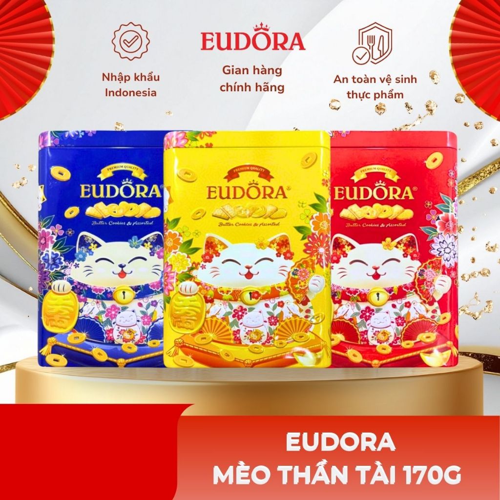 Bánh Quy Eudora Mèo Thần Tài Hộp Thiếc 170g (Hộp Màu Đỏ, Vàng, Xanh)