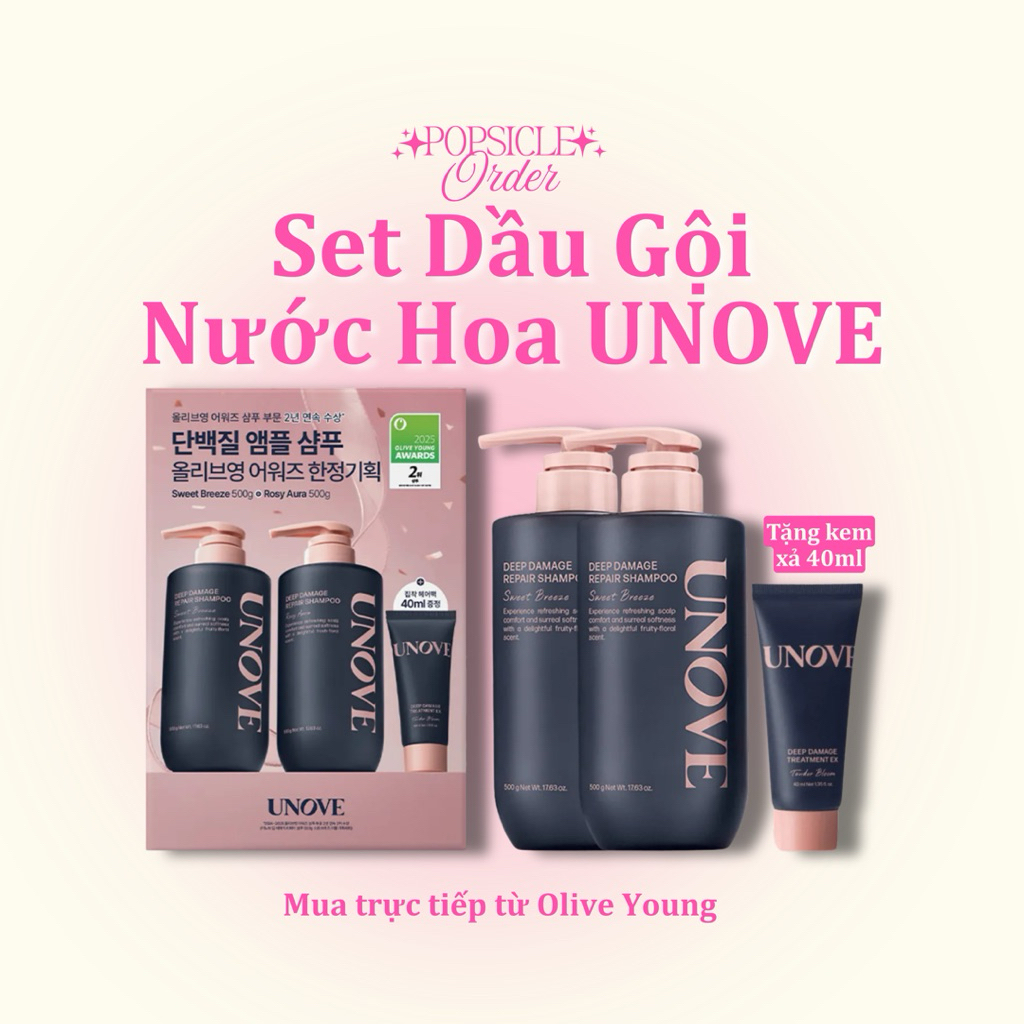 [SẴN] Set Dầu gội nước hoa UNOVE (Độc quyền Olive Young) | Xách tay trực tiếp từ Olive Young Hàn Quố