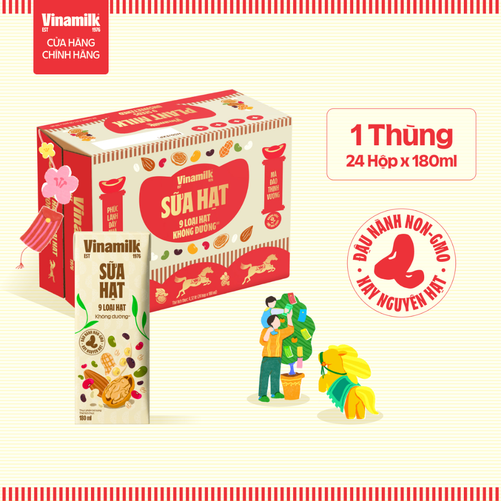 Thùng 24 hộp Sữa hạt 9 loại hạt không đường Vinamilk - hộp 180ml| [Có thể nhận bao bì Tết/ Thường]