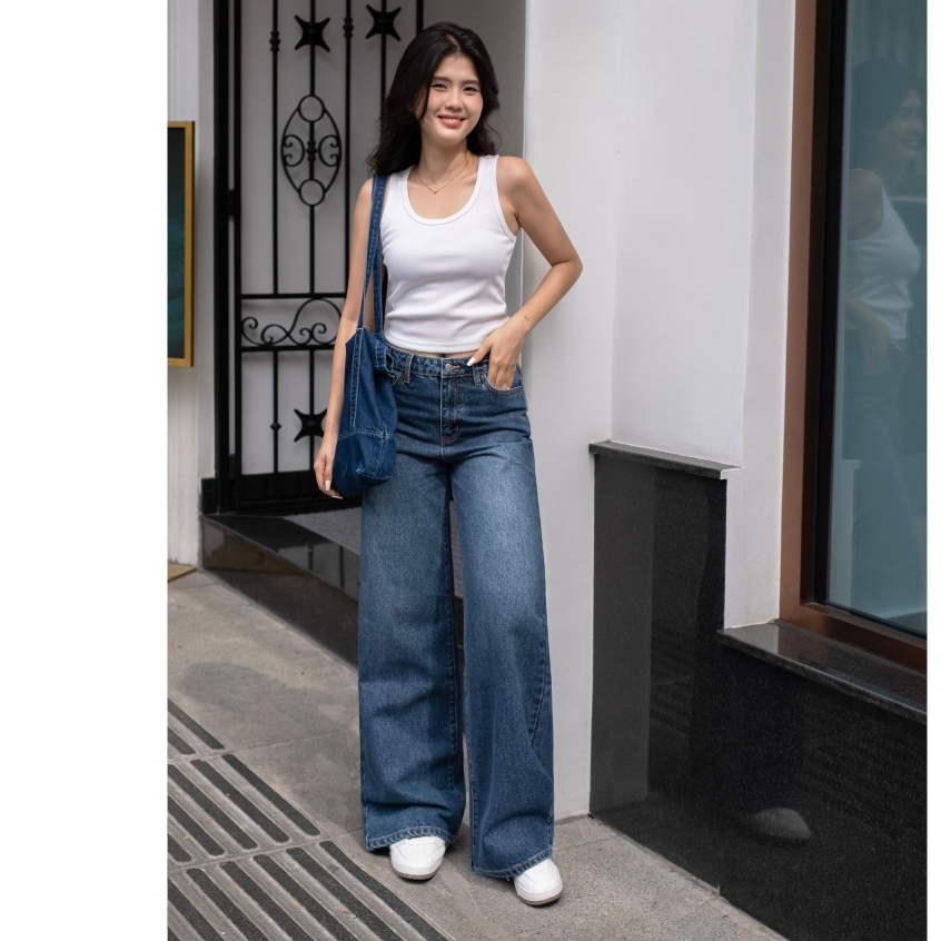 HASHTAGEM - Quần Pine Blue Wide-leg Jeans WLJ.2, Ống Rộng, Lưng Cao, Xanh Đậm Wash Ánh Đùi