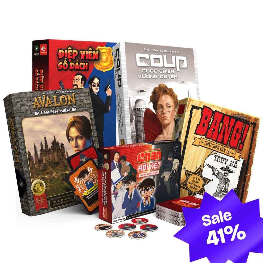 Combo Tuyệt Phẩm Nhập Vai: Avalon + Coup + Bang + Điệp Viên Số Dzách + Conan | Board Game VN