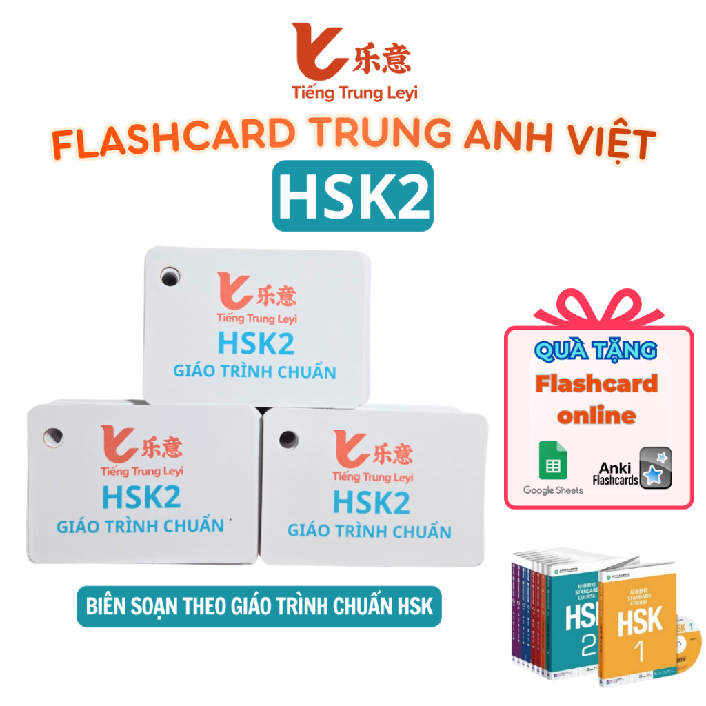 Thẻ Flashcard Tiếng Trung HSK2 học từ vựng Trung Anh Việt (Tặng Flashcard Online) Tiếng Trung Leyi