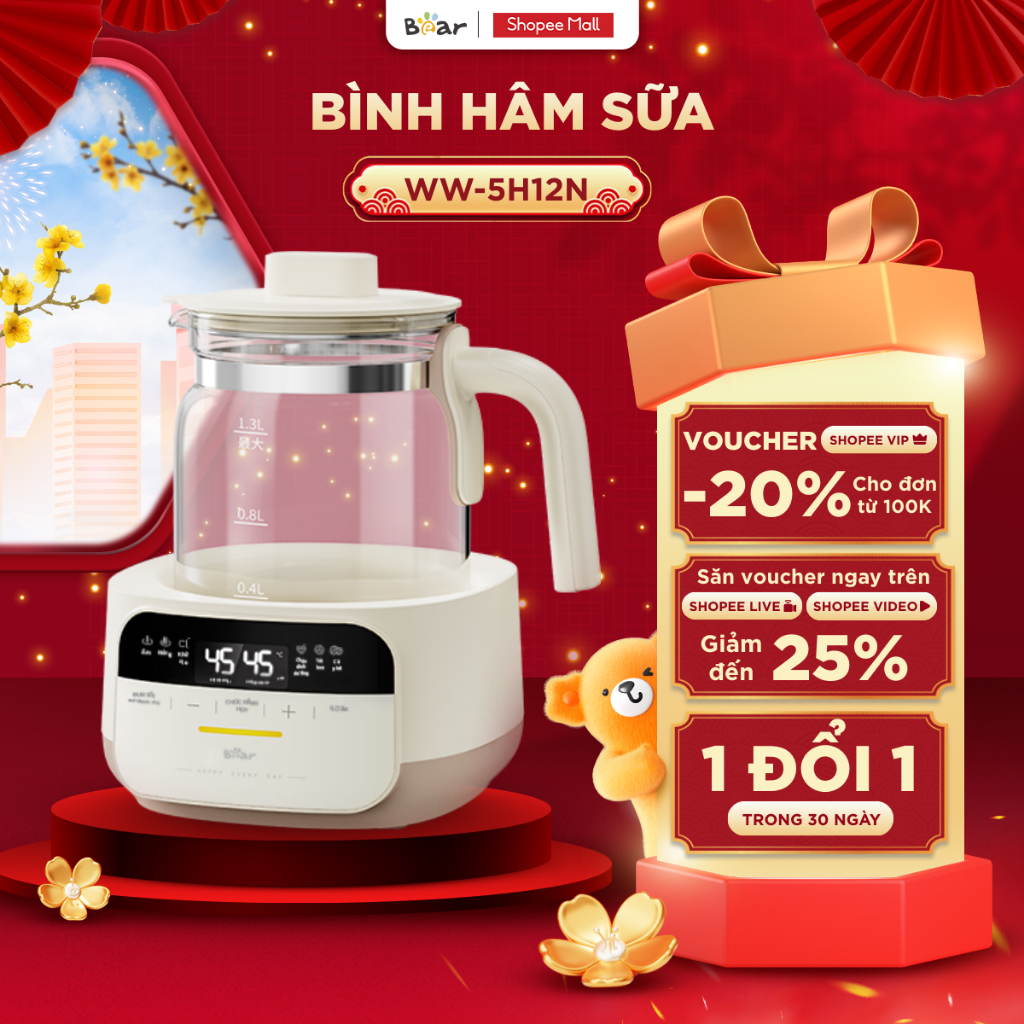 Máy Đun Nước Và Hâm Nước Pha Sữa BEAR Máy Hâm Sữa Dung Tích 1.3L Máy Pha Sữa Rã Đông Sữa Mẹ Bình Nấu Nước Pha Sữa 5H12N