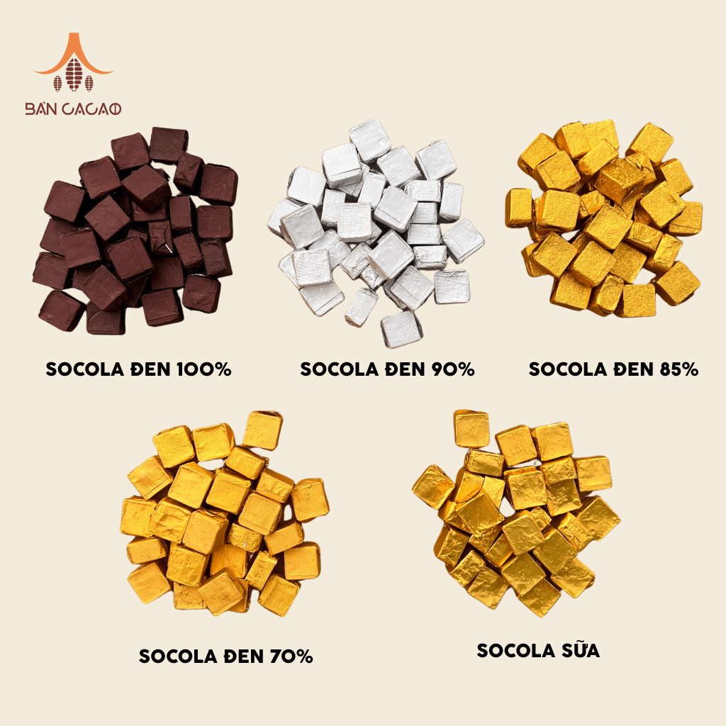 Socola dạng viên gói sẵn Bản Cacao - Socola đen 100% 90% 85% 70% & socola sữa