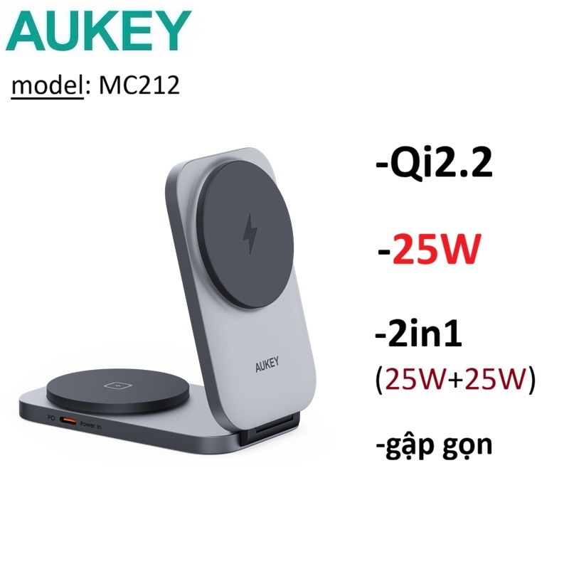 Đế sạc không dây Qi2.2 25W Aukey MagFusion L Pro 2in1 (LC-MC212) -Bảo Hành 12 tháng