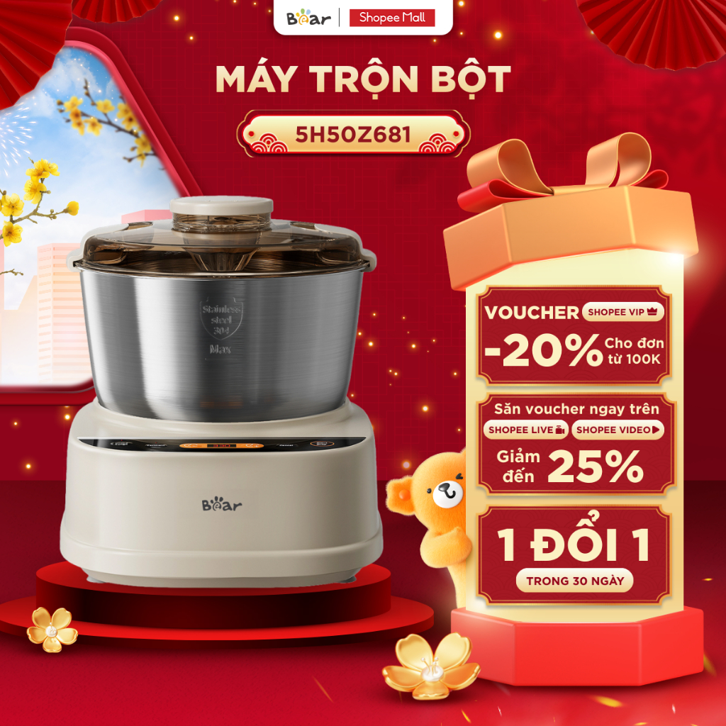 Máy Trộn Bột Bear 5L Inox 304 Ủ Bột Nhào Bột Nhồi Bột Công Suất Lớn Chống Dính Trộn Bột Làm Bánh SM-