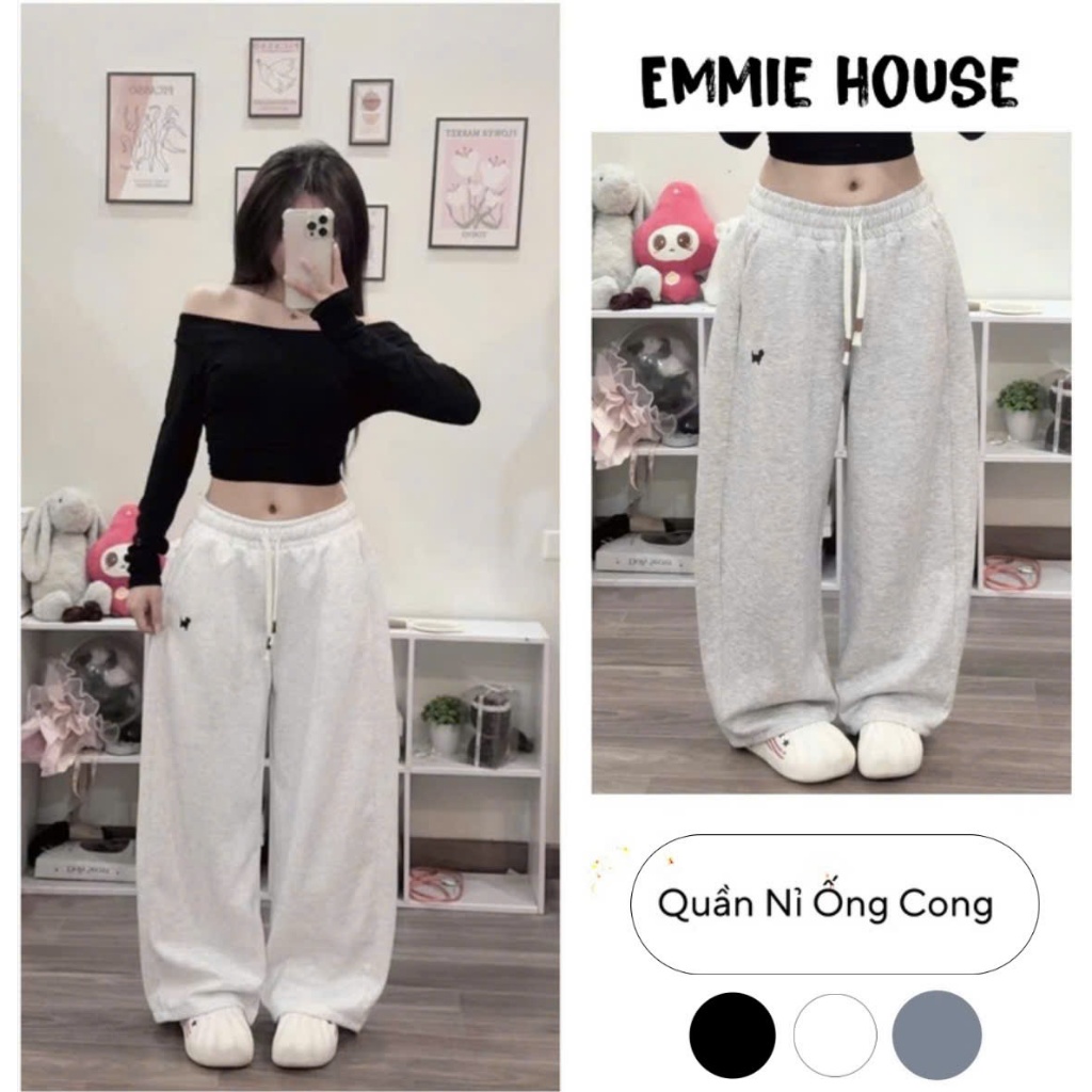 EMMIE HOUSE Quần Ống Cong Thêu Nỉ 2 Da Basic Cạp Chun Tôn Dáng Unisex Form Basic Q