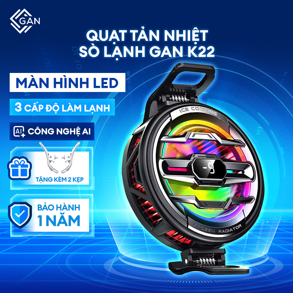 Quạt tản nhiệt Sò Lạnh K22, bản nâng cấp. Màn Hình LED, Công Nghệ AI, tăng FPS liên quân FF PUBG COD