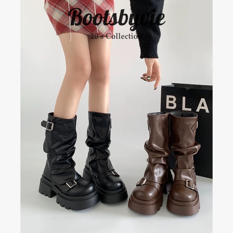 [Hoả Tốc] 🦋 𝐁𝐨𝐨𝐭𝐬𝐛𝐲𝐯𝐢𝐞 🦋 Giày bốt ống giữa đế cao 6cm, phong cách đế răng cưa mũi vuông AON AOD chiến binh cá tính